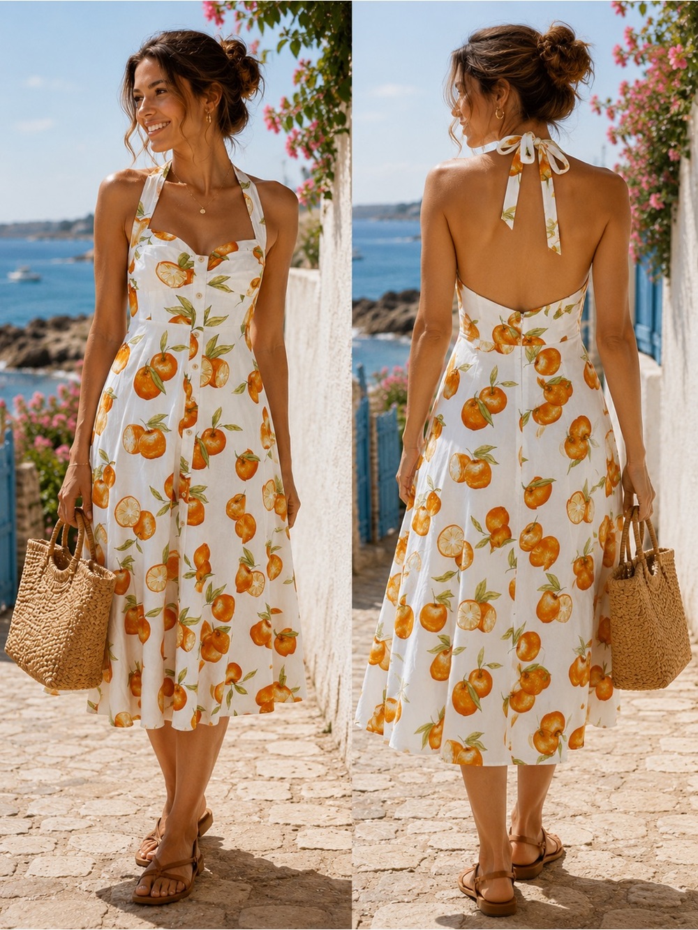 ZARA Linen Blend Orange Print Halter Midi Dress Citrus Coastal Euro Summer M NWT